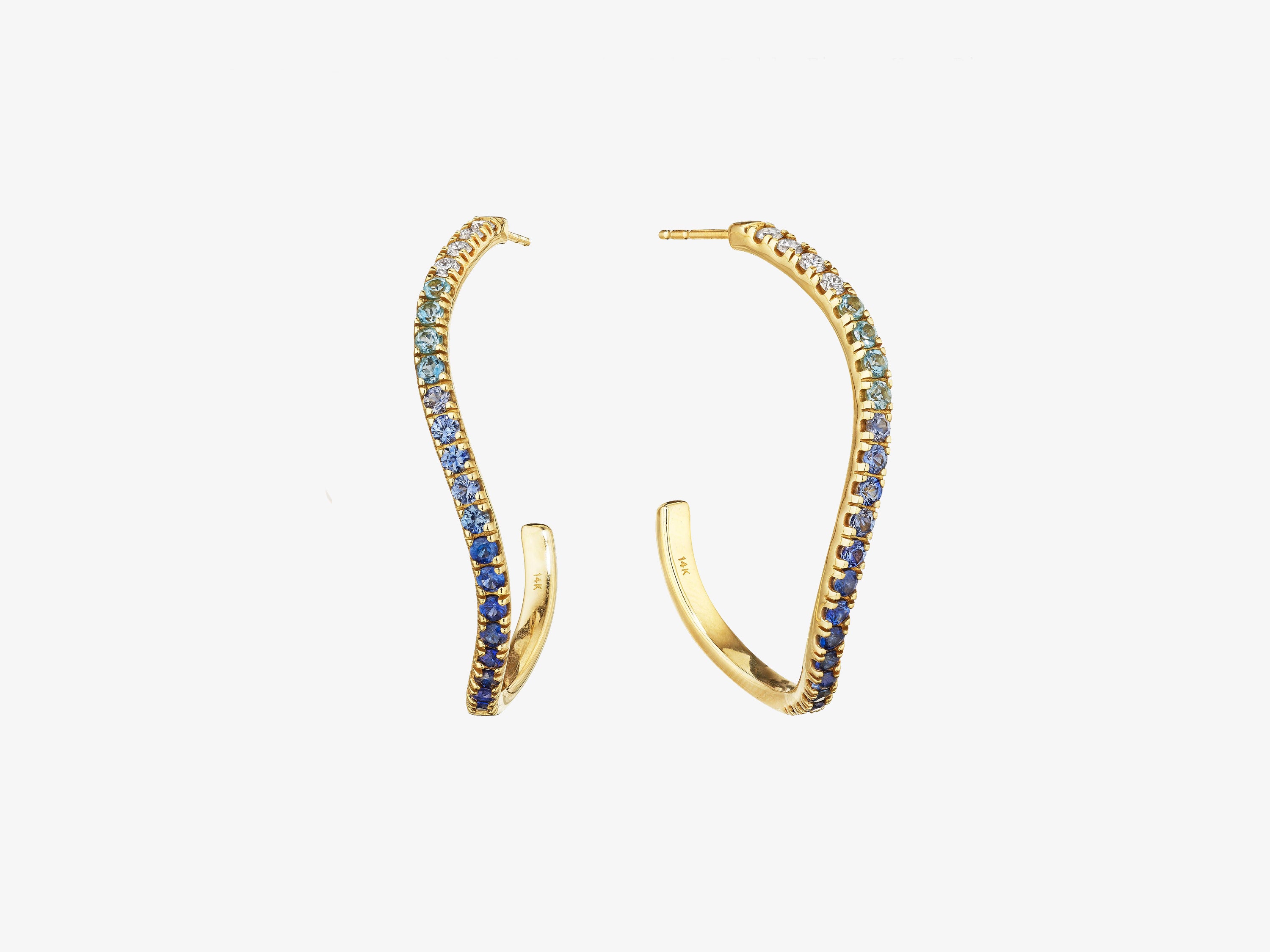 Diamond and Blue Sapphire/Aquamarine Ombre 1.5” Hoop Earrings