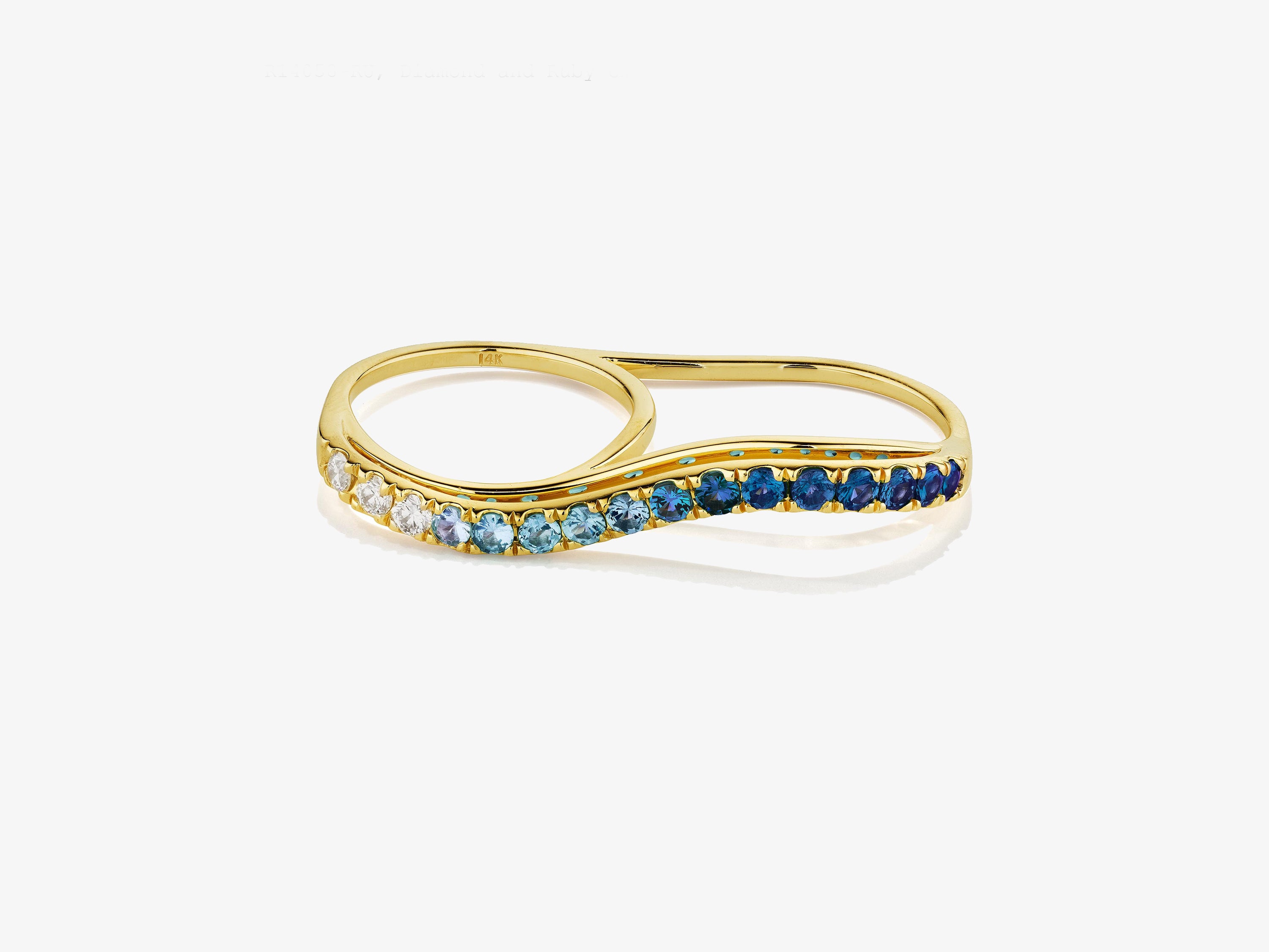 Diamond and Blue Sapphire Ombre Double Finger Wavy Ring