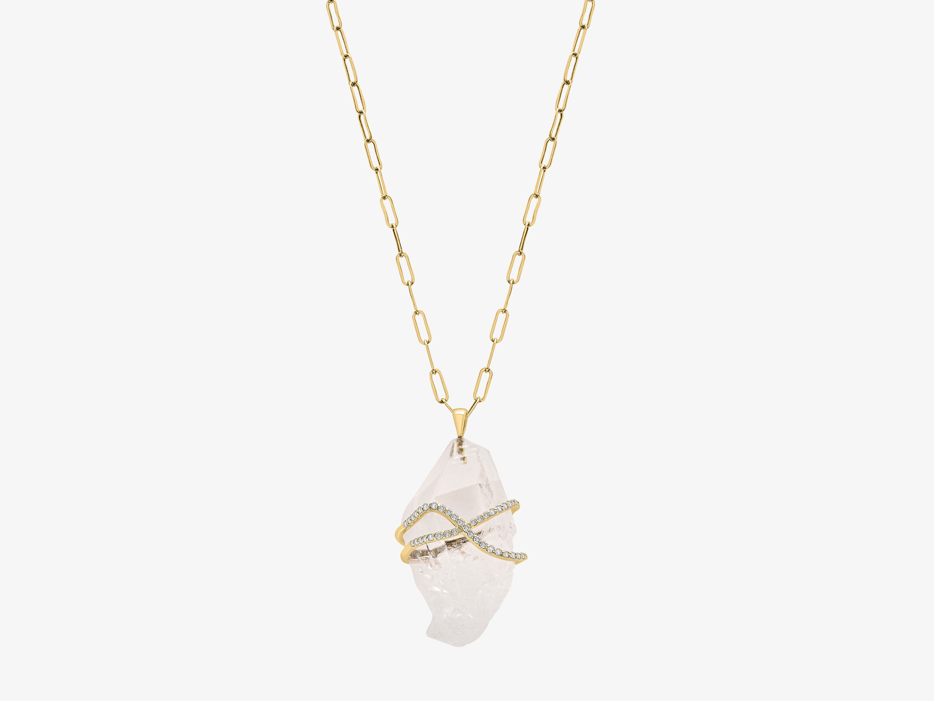 Rock Candy Crystal Quartz Gold and Diamond Caged Necklace