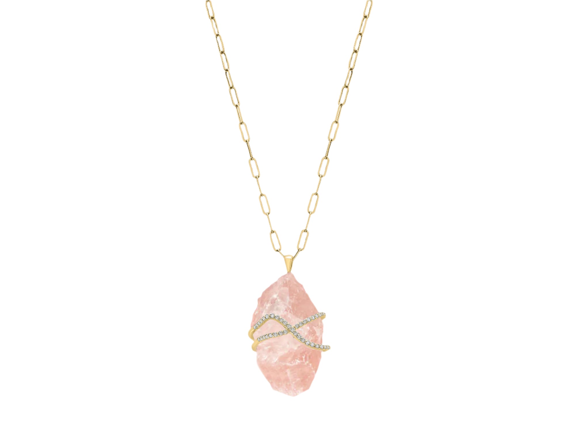 Rock Candy Rose Quartz Gold and Diamond Caged Necklace
