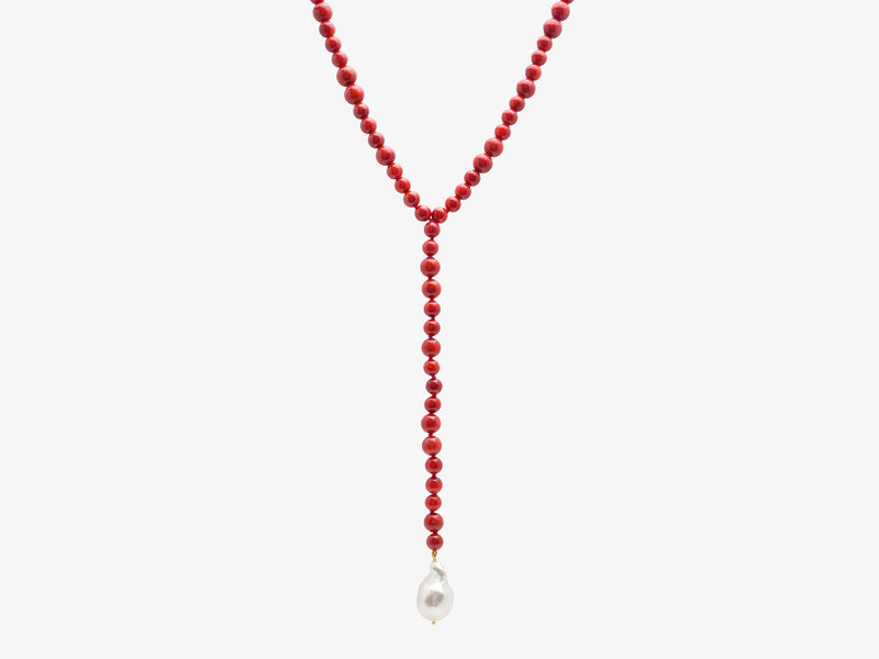 Cap Ferret Dyed Red Sea Bamboo Coral  and Baroque Pearl Lariat