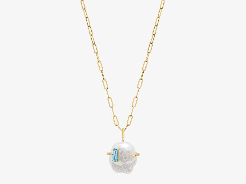 Baroque Pearl Necklace with Aquamarine Baguette Stone