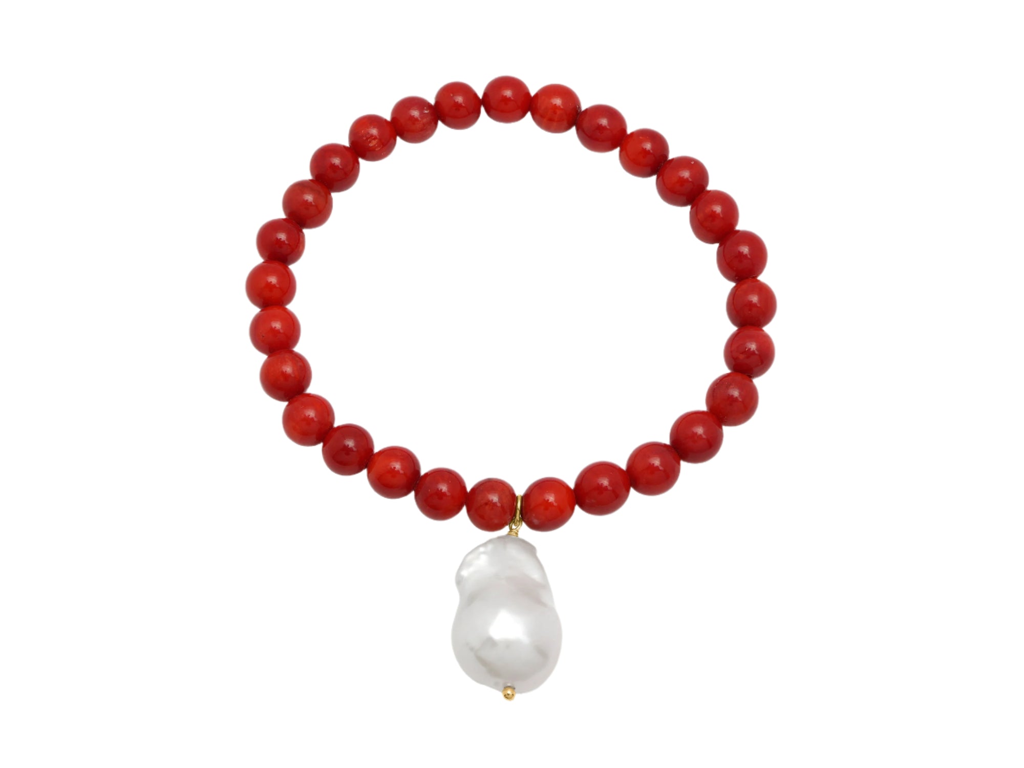 Dyed Red Sea Bamboo Coral and Hanging Baroque Pearl Bracelet
