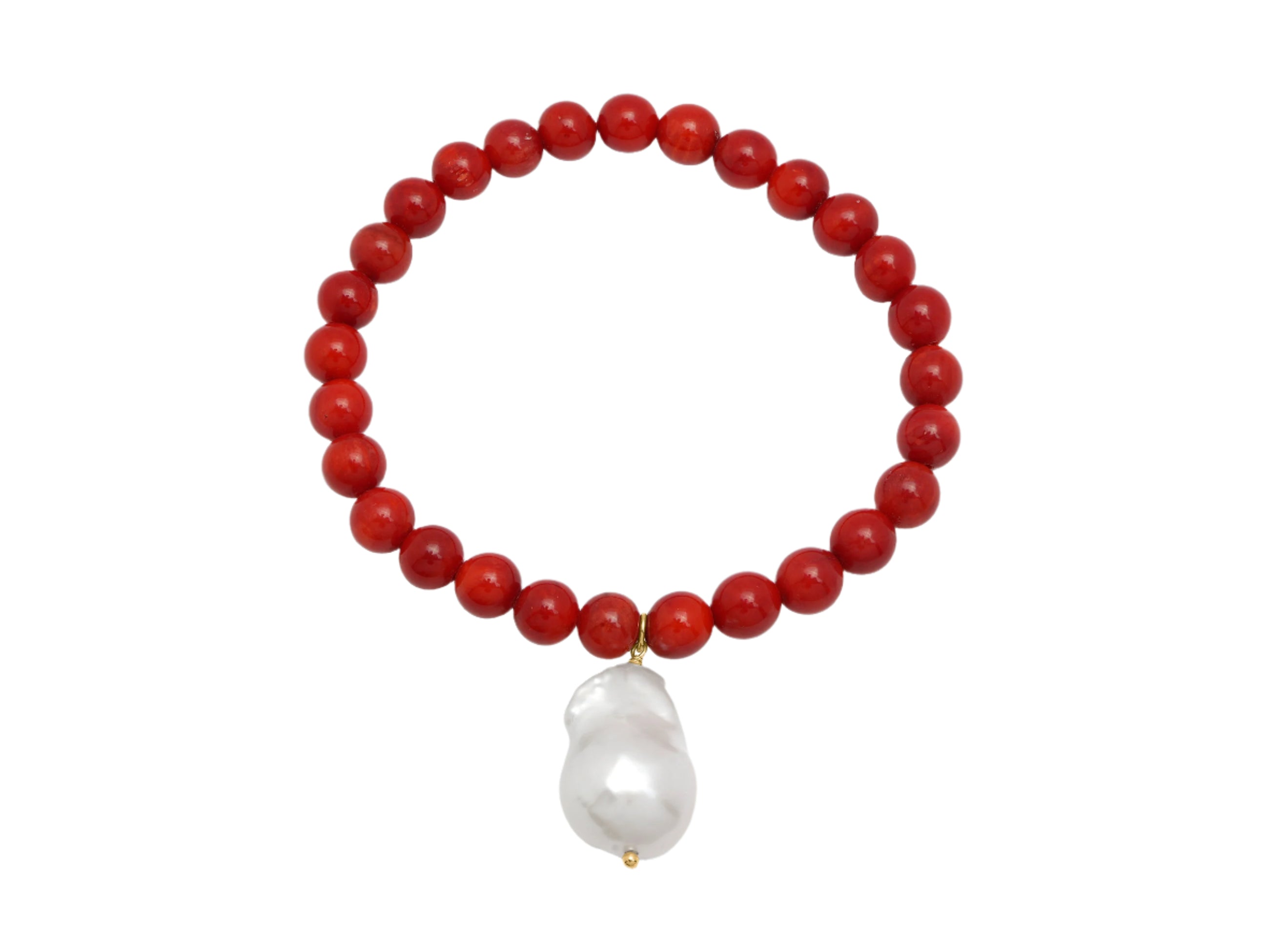 Dyed Red Sea Bamboo Coral and Hanging Baroque Pearl Bracelet