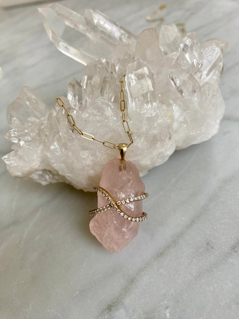 Rock Candy Rose Quartz Gold and Diamond Caged Necklace