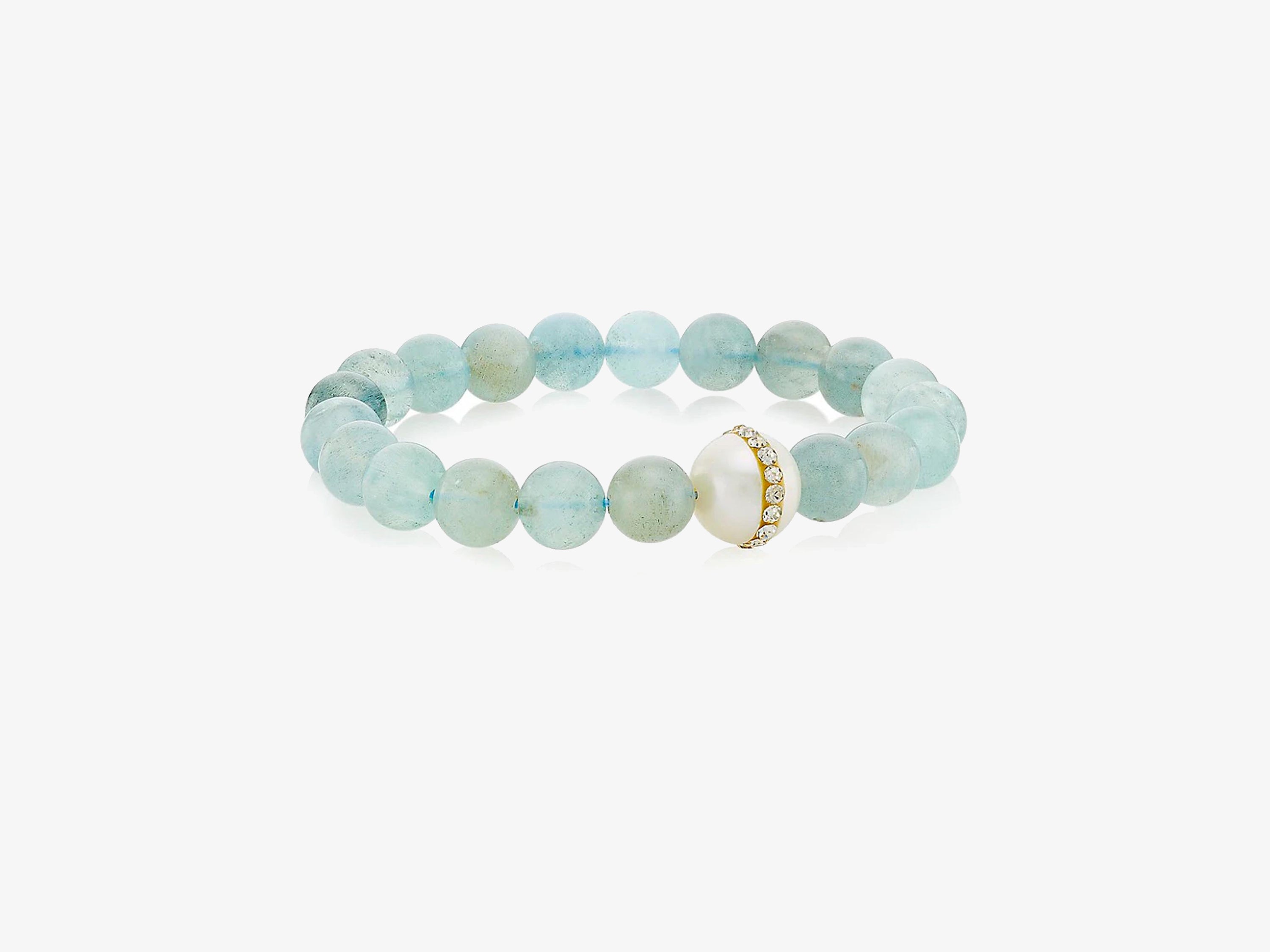 Aquamarine Beaded Bracelet with Fresh Water Pearl and Crystal Station