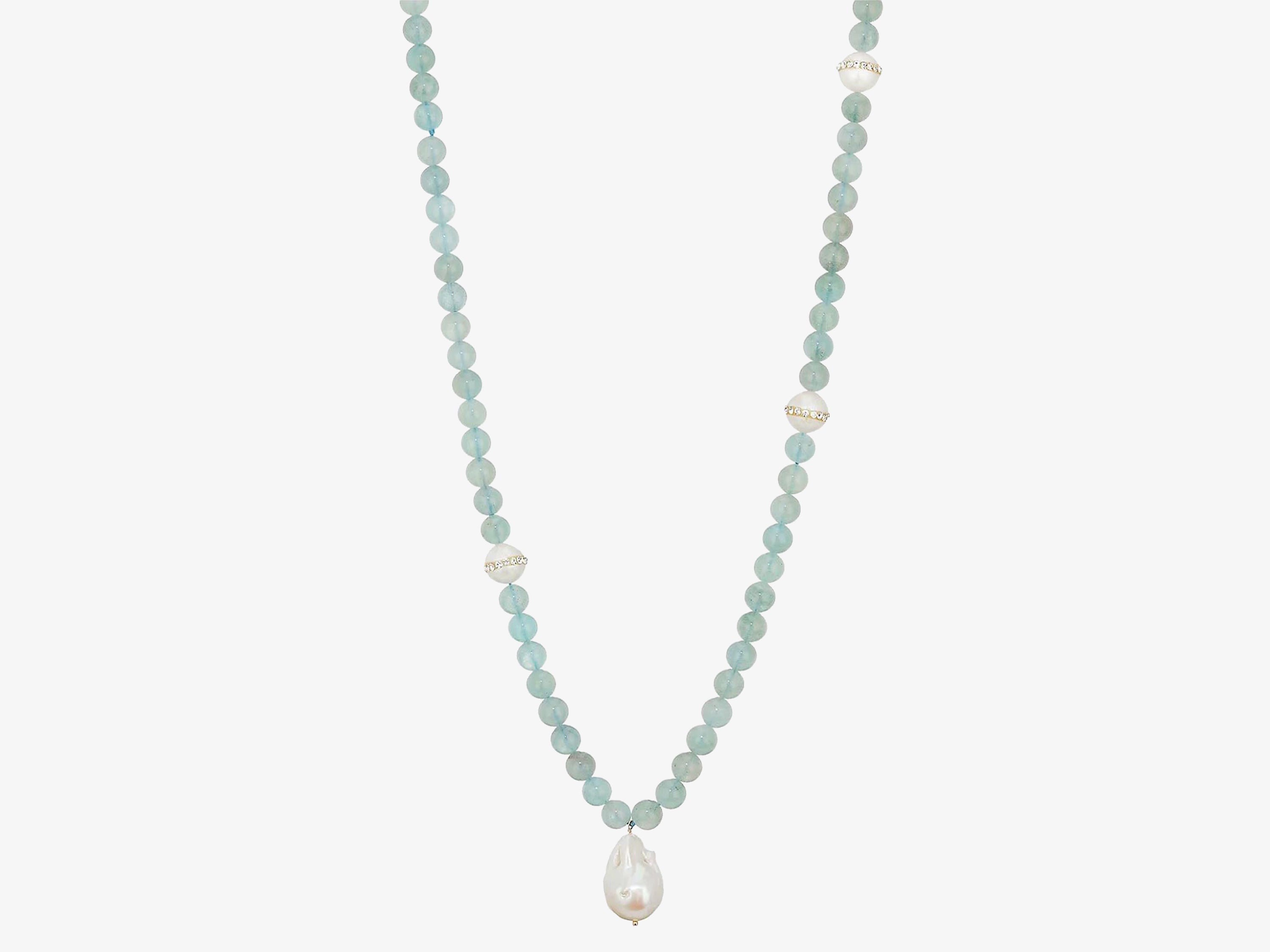 Aquamarine Beads with Fresh Water Pearl and Crystal Stations with Baroque Pearl Pendant