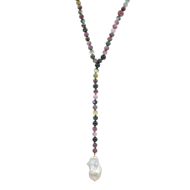 Mixed Pink Tourmaline and Baroque Pearl Lariat