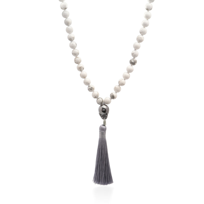 White Howlite Mala Necklace with Pearl and Grey Tassle