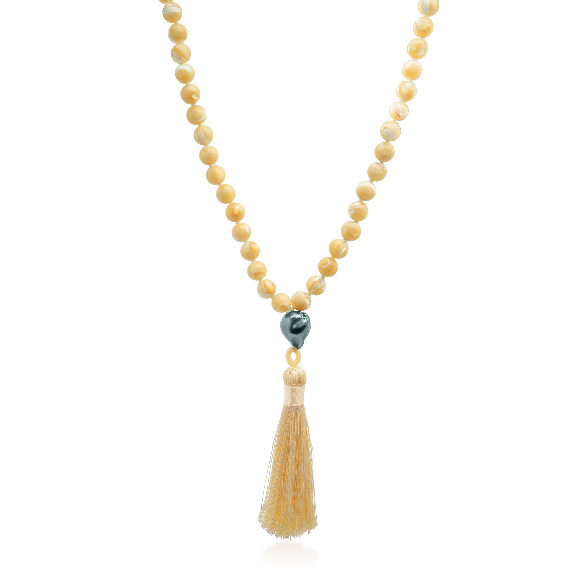Yellow Tiger's Eye Mala Necklace with Pearl and Yellow Tassle