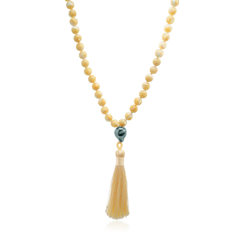 Yellow Tiger's Eye Mala Necklace with Pearl and Yellow Tassle