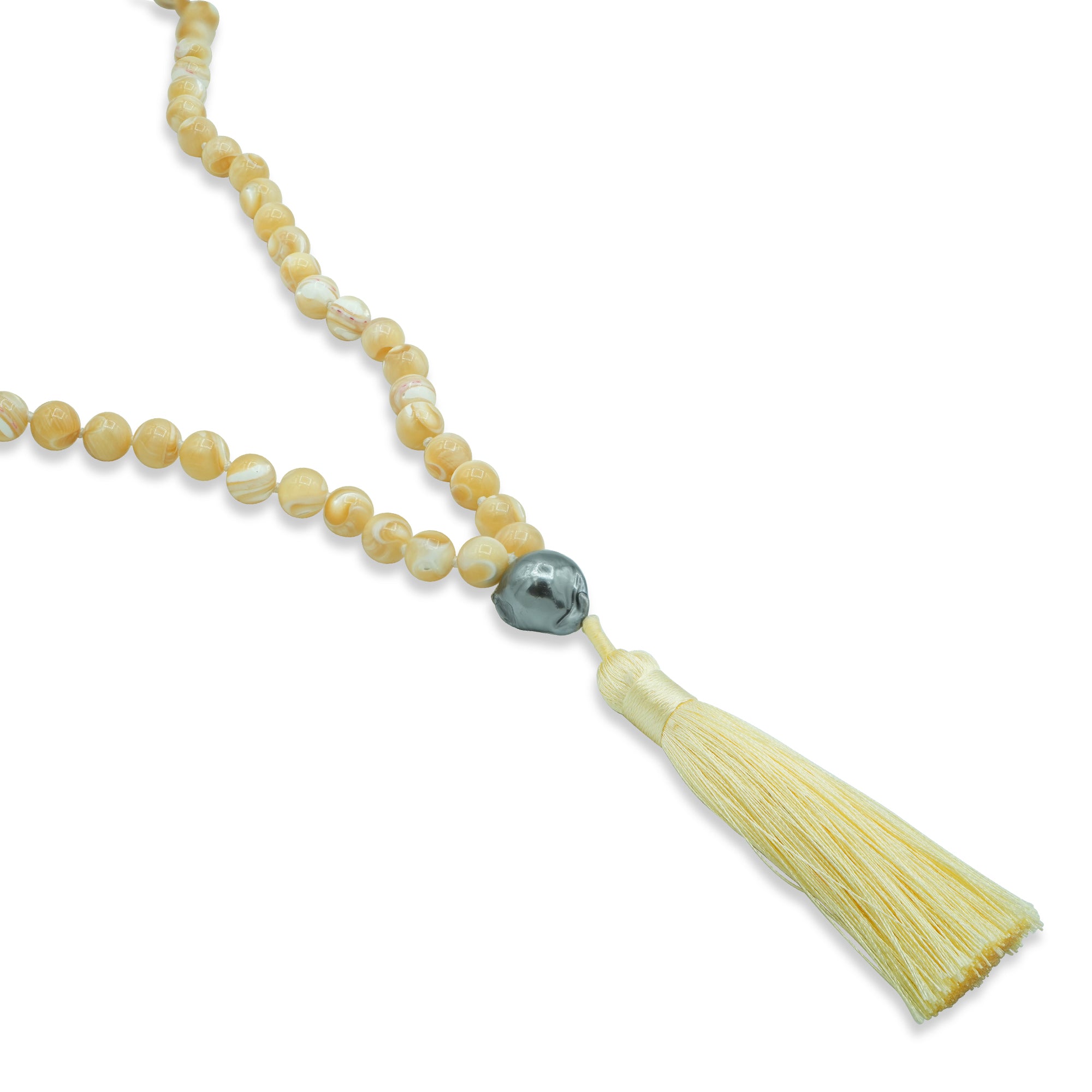 Yellow Tiger's Eye Mala Necklace with Pearl and Yellow Tassle