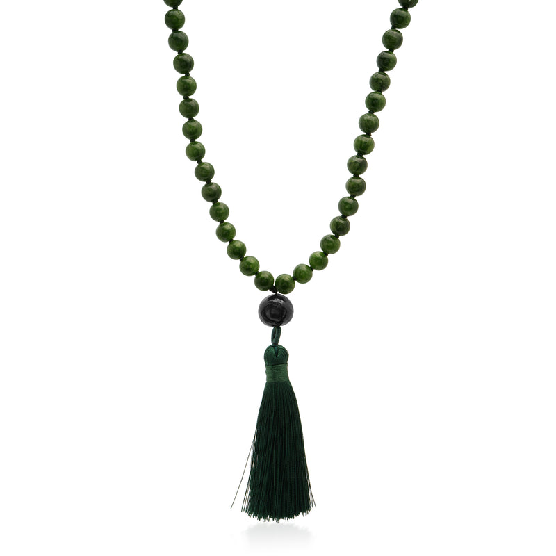 Green Jade Mala Necklace with Pearl and Green Tassle