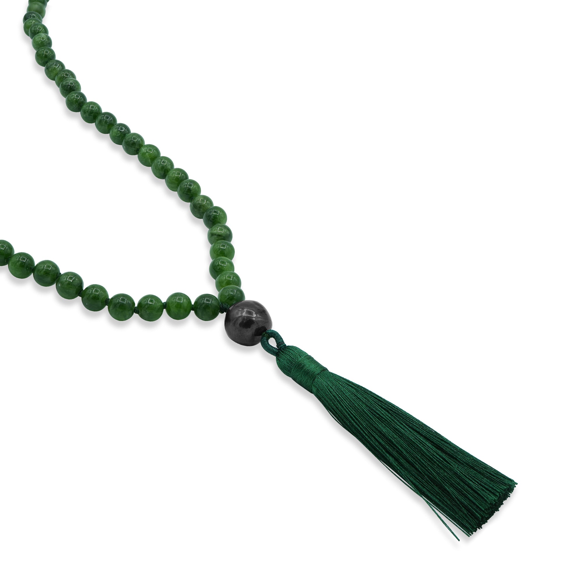 Green Jade Mala Necklace with Pearl and Green Tassle