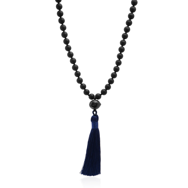 Black Onyx Mala Necklace with Pearl and Navy Tassle