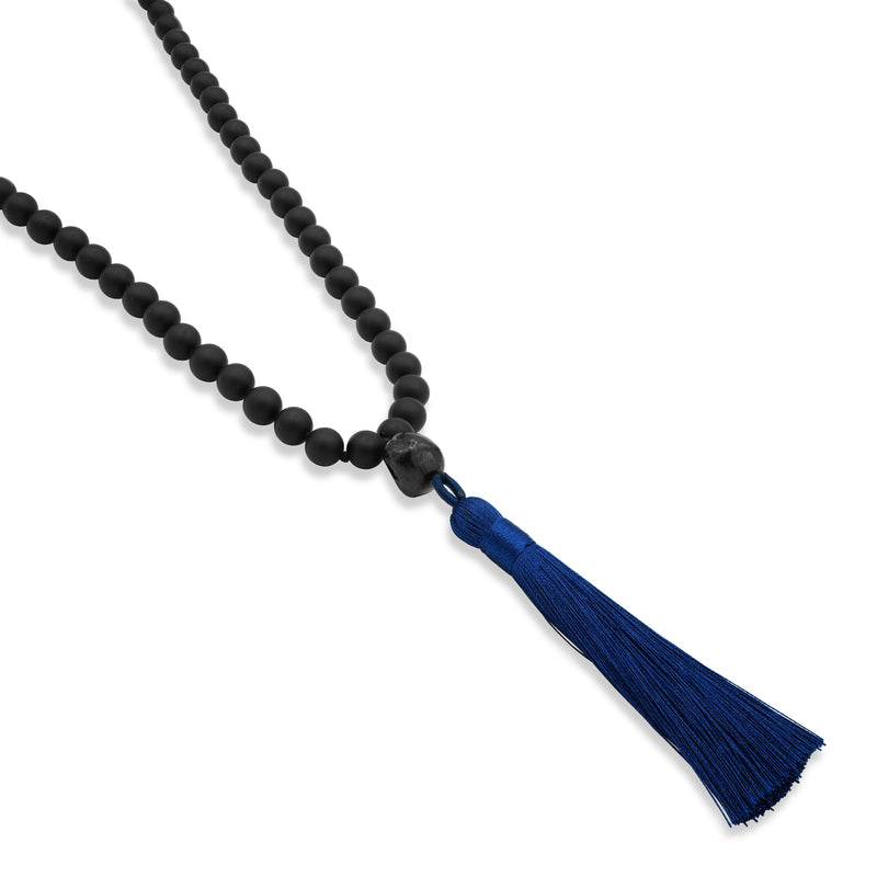 Black Onyx Mala Necklace with Pearl and Navy Tassle