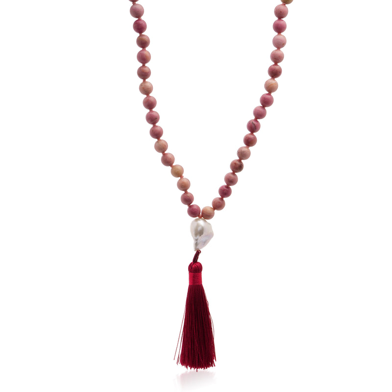 Rhodonite Mala Necklace with Pearl and Red Tassle