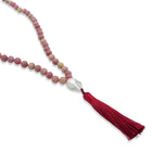 Rhodonite Mala Necklace with Pearl and Red Tassle