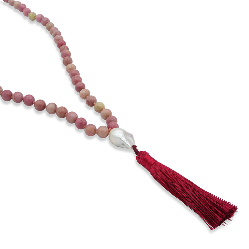 Rhodonite Mala Necklace with Pearl and Red Tassle