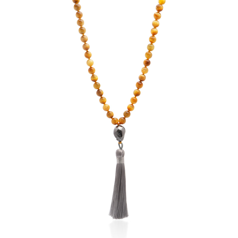 Tiger's Eye Mala Necklace with Pearl and Grey Tassle