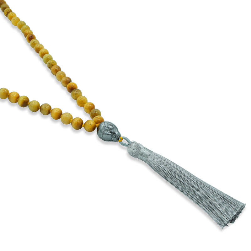 Tiger's Eye Mala Necklace with Pearl and Grey Tassle