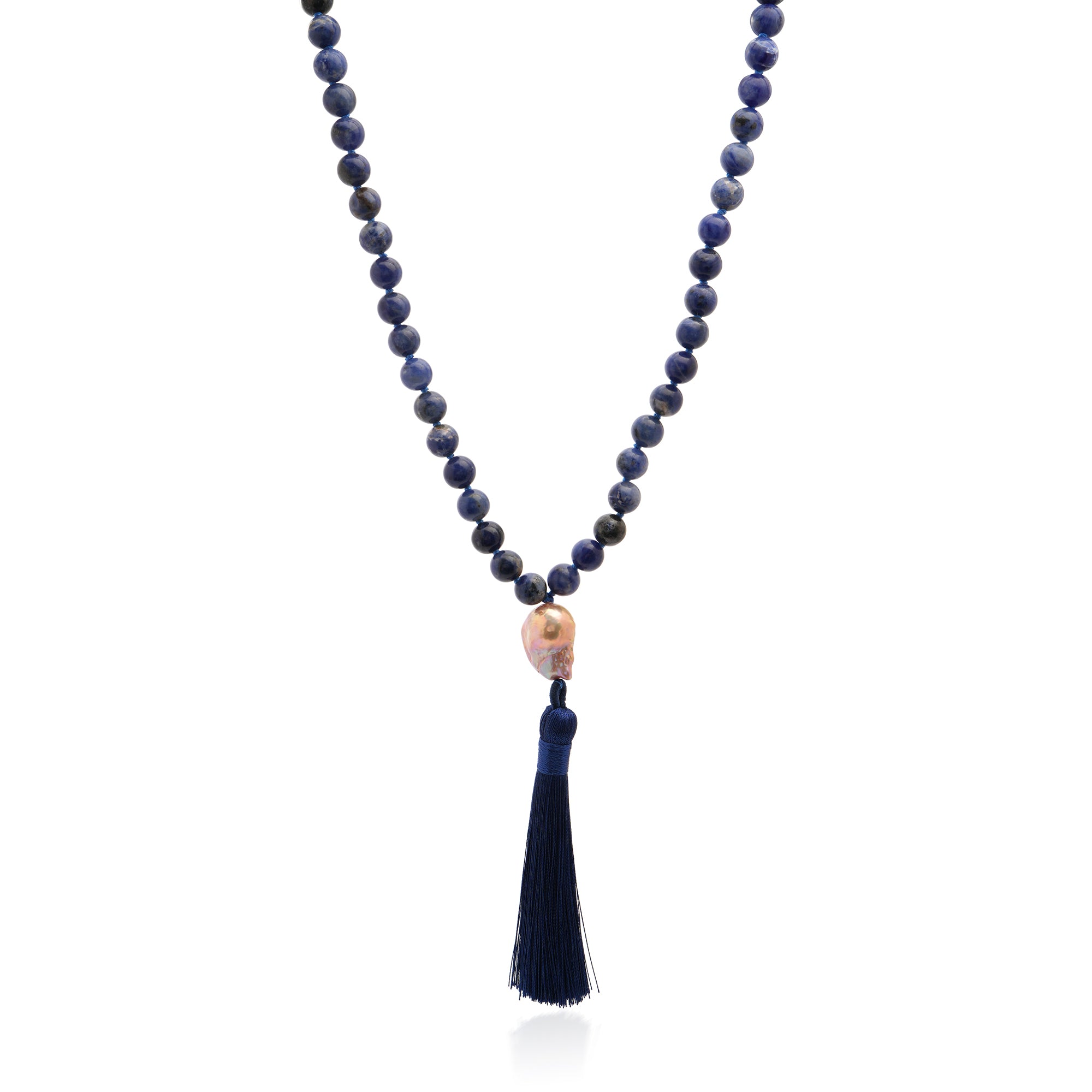 Sodalite Mala Necklace with Pearl and Navy Tassle