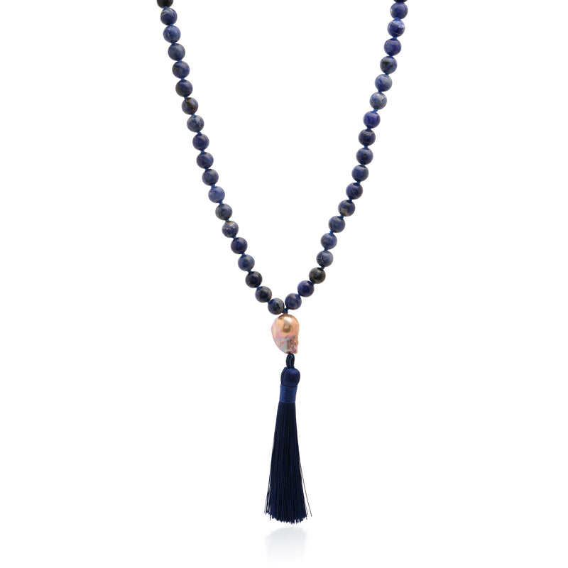 Sodalite Mala Necklace with Pearl and Navy Tassle