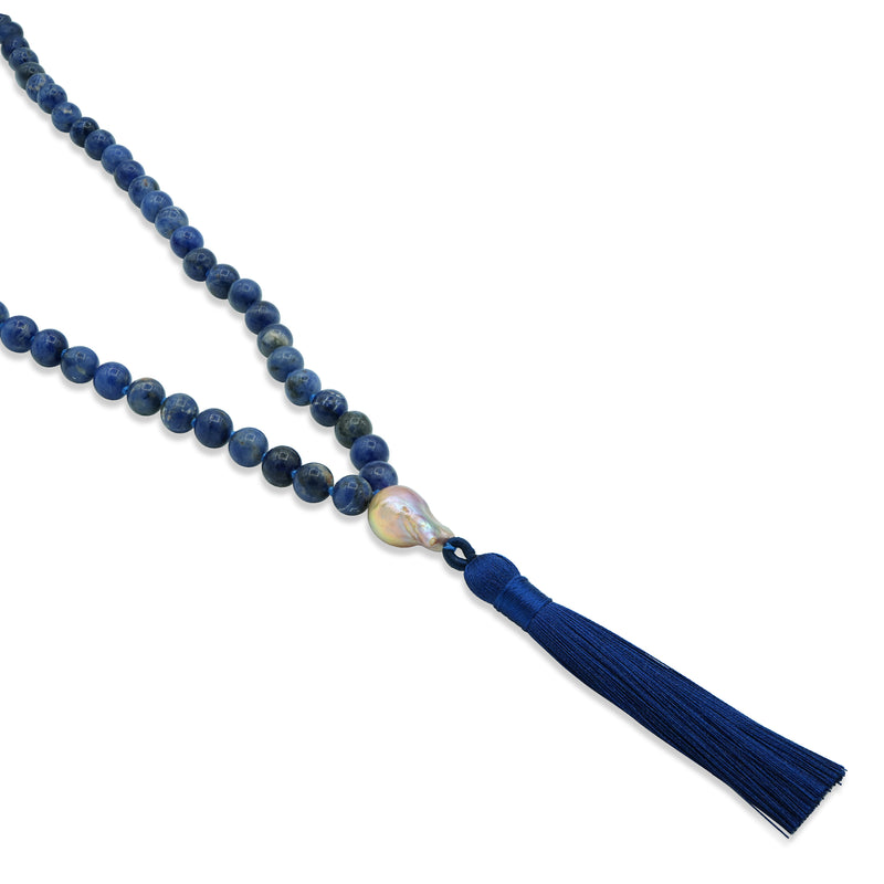 Sodalite Mala Necklace with Pearl and Navy Tassle