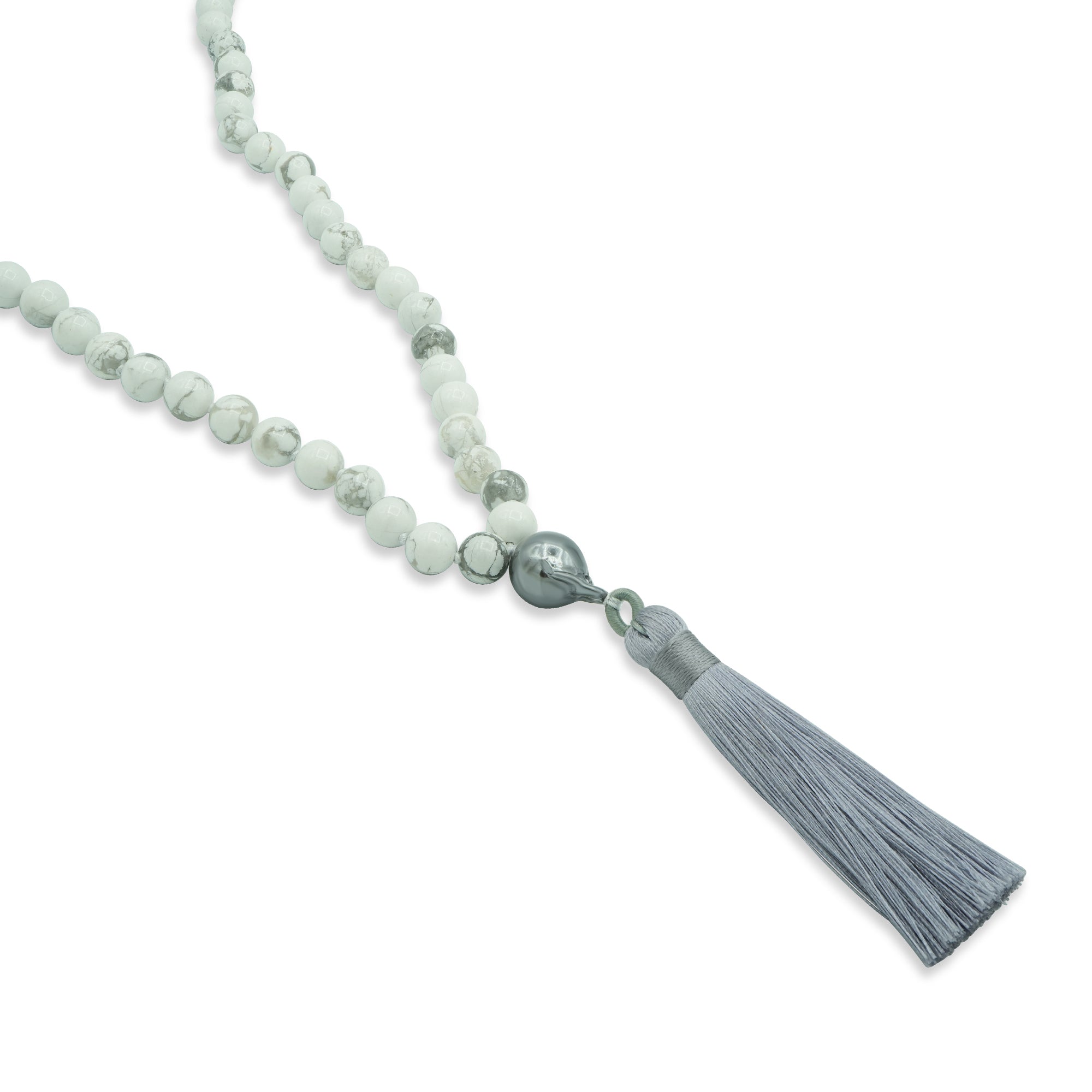 White Howlite Mala Necklace with Pearl and Grey Tassle