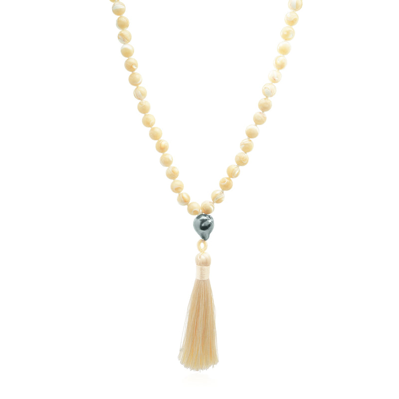 Tiger's Eye Mala Necklace with Pearl and Grey Tassle