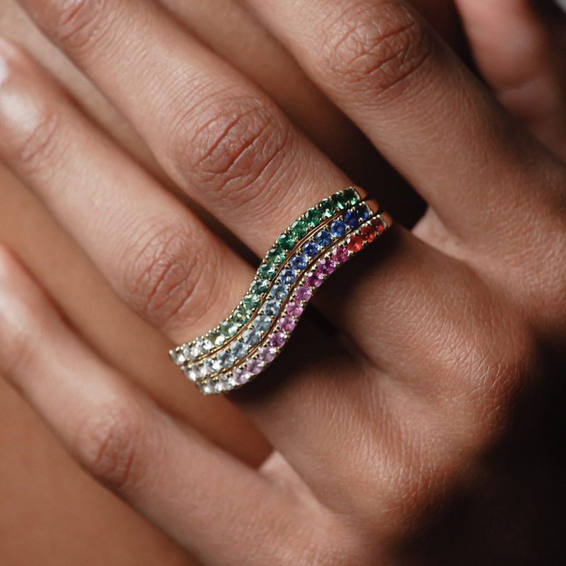 Blue Sapphire Ombré Double Finger Wavy Ring