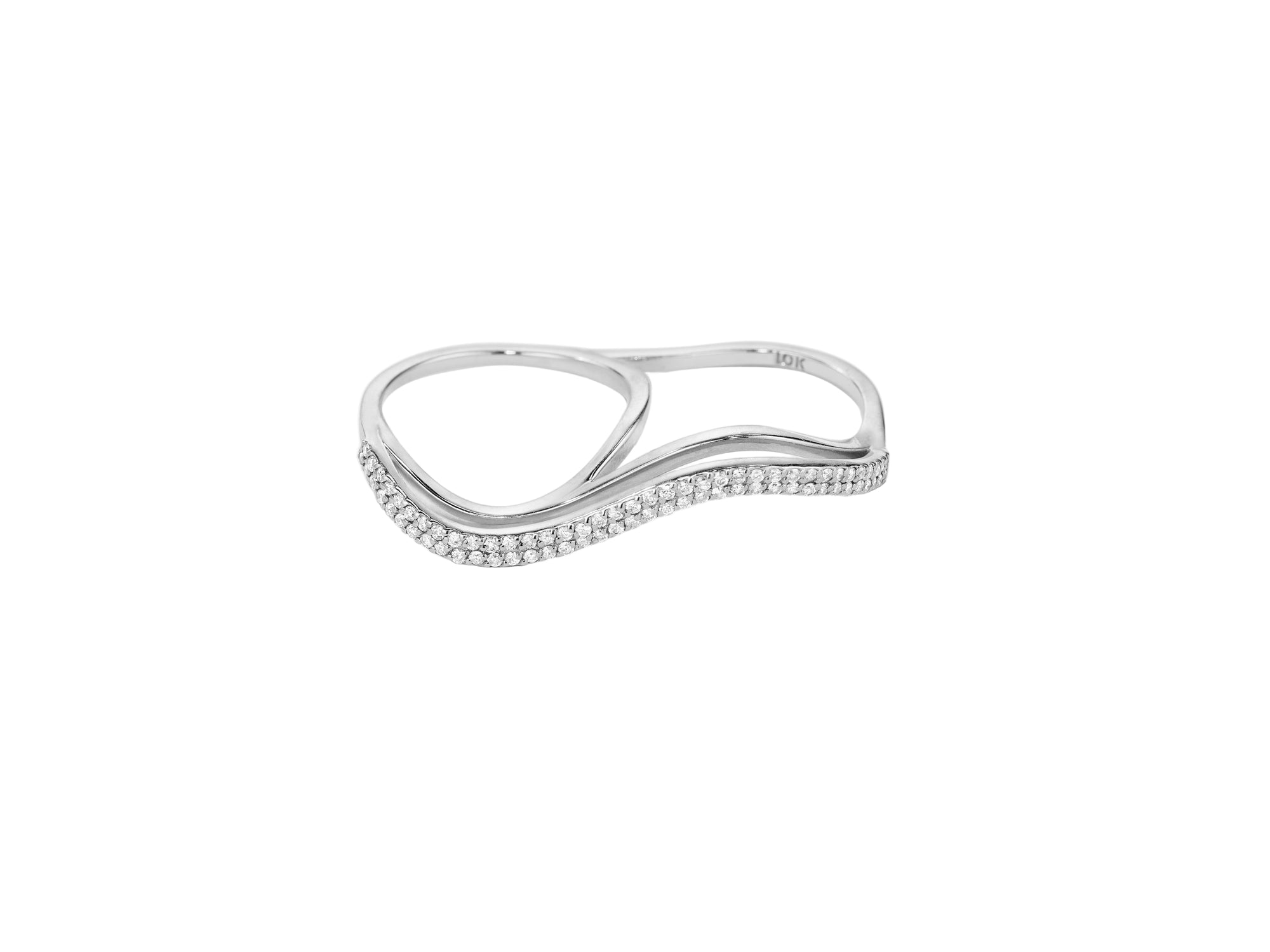Three Dimensional Double Finger Wavy Ring with Double Row Diamond Pavé