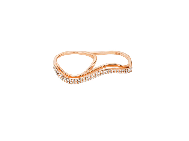 Three Dimensional Double Finger Wavy Ring with Double Row Diamond Pavé