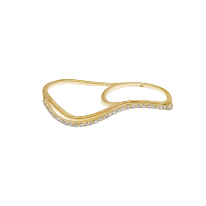Single Row Wavy Double Finger Ring with Diamond Pavé