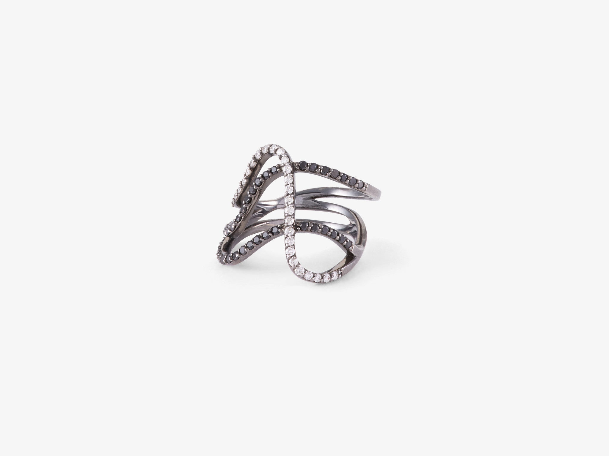 Three Row Curved Ring with Black and White Diamond Pavé