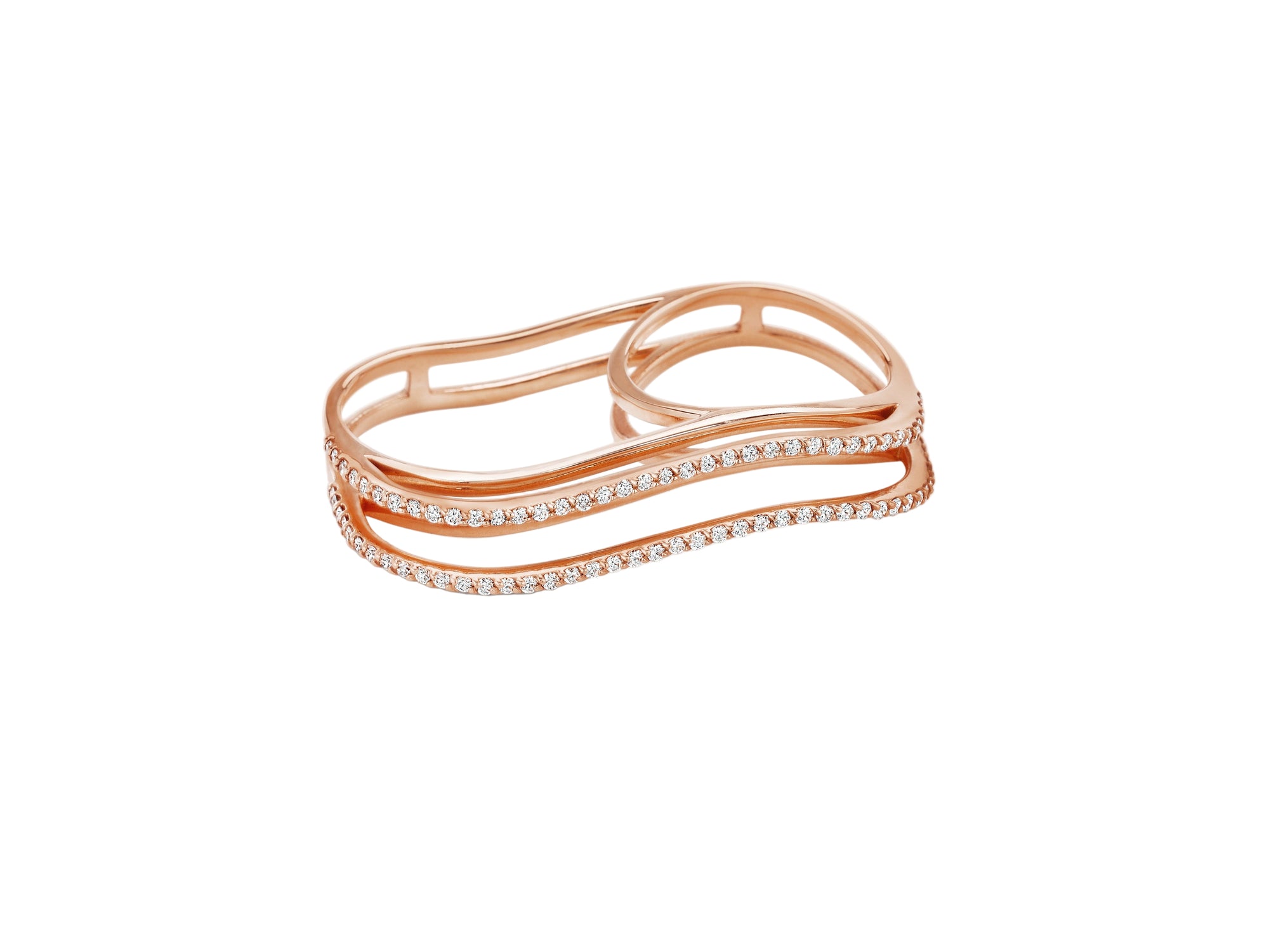 Three Dimensional Wavy Double Finger Ring with Full Diamond Pave