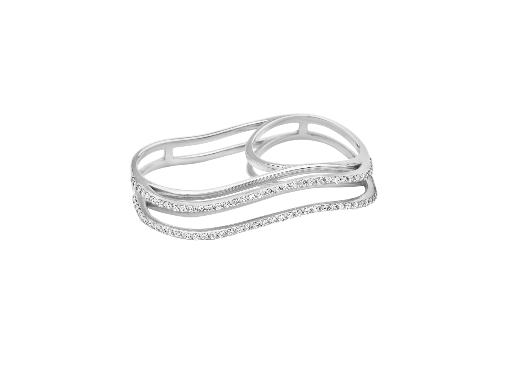 Three Dimensional Wavy Double Finger Ring with Full Diamond Pave