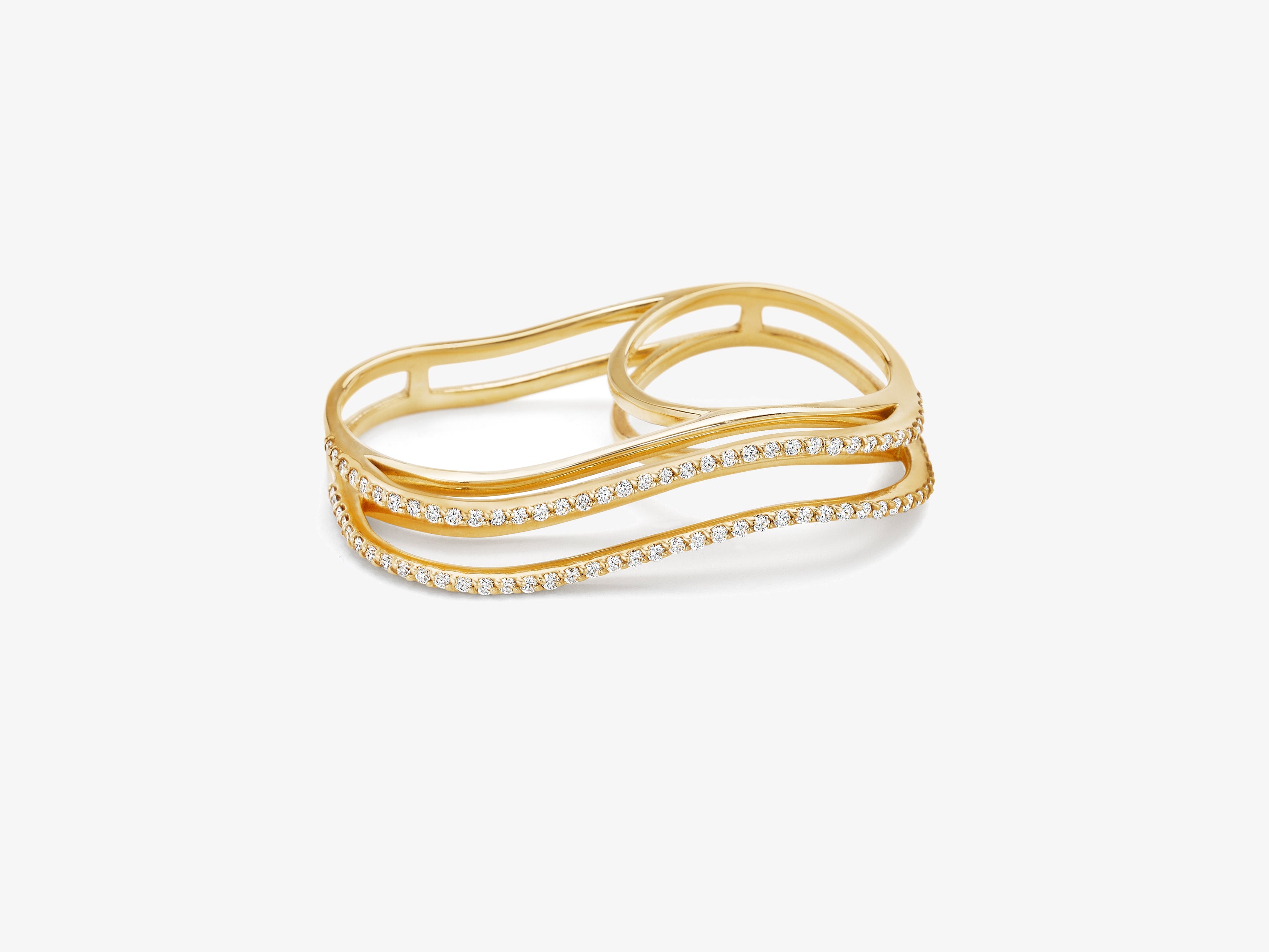 Three Dimensional Wavy Double Finger Ring with Full Diamond Pave