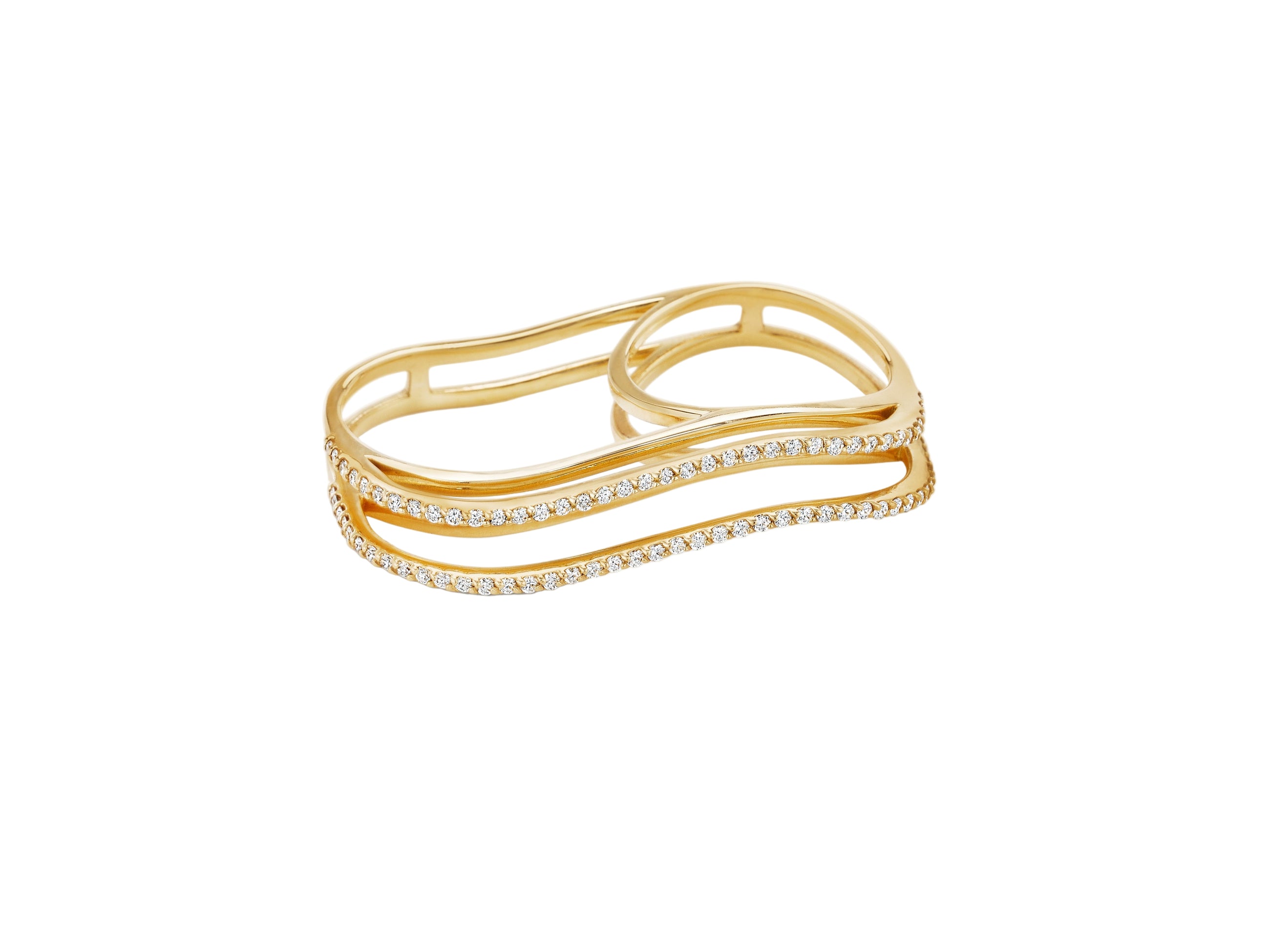 Three Dimensional Wavy Double Finger Ring with Full Diamond Pave