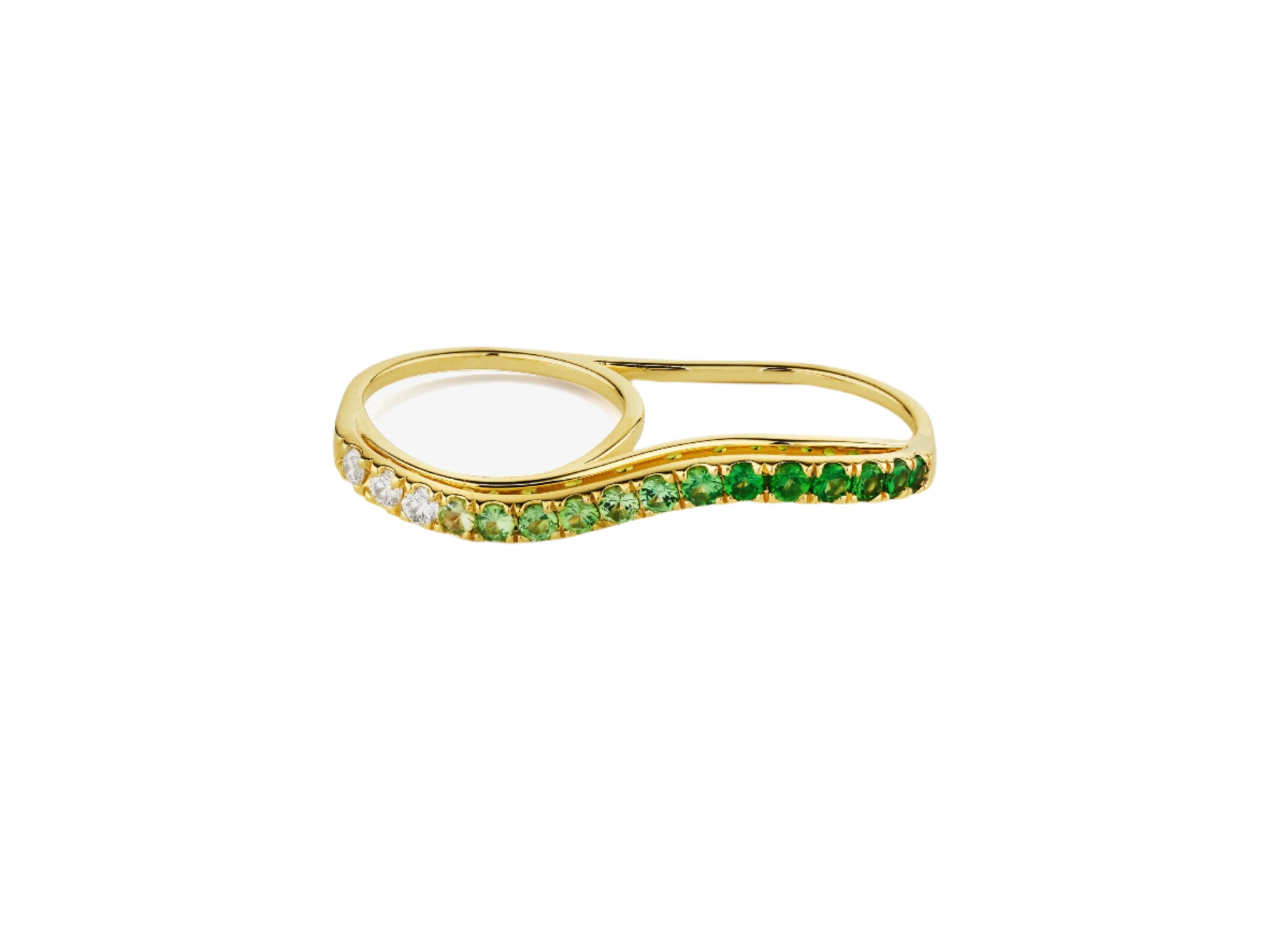 Diamond and Tsavorite Ombre Double Finger Wavy Ring