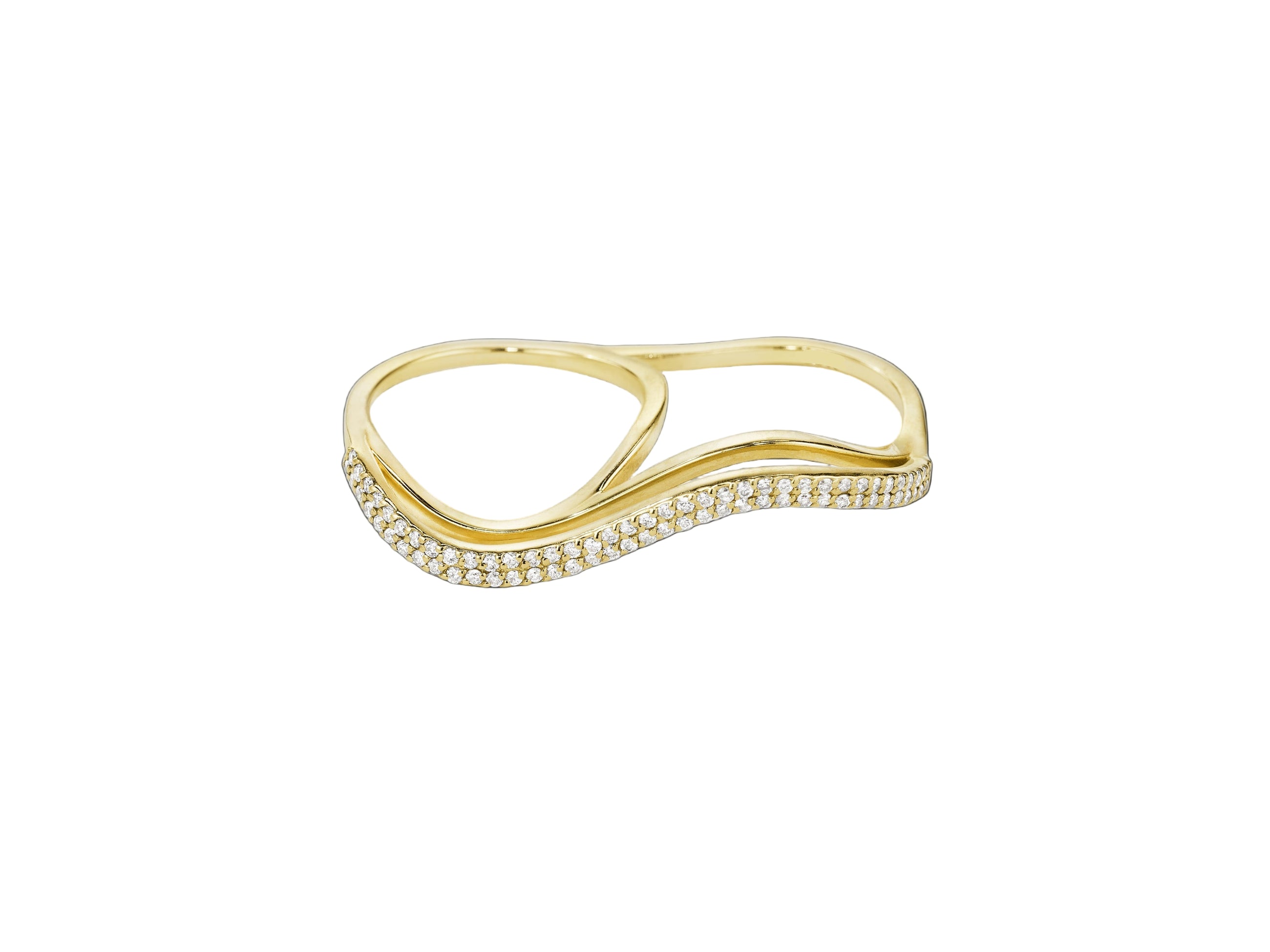 Three Dimensional Double Finger Wavy Ring with Double Row Diamond Pavé