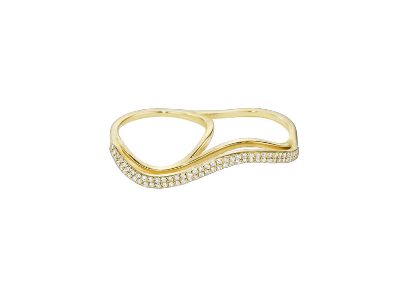 Three Dimensional Double Finger Wavy Ring with Double Row Diamond Pavé